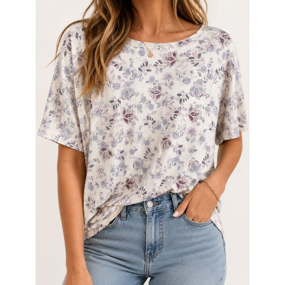 J. Jill Luxe Supima Cotton Floral Tee XL White Tencel Modal Stretch Knit Top